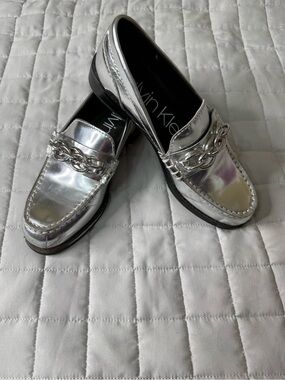 Vintage Calvin Klein Silver Chain-Trim Penny Loafers